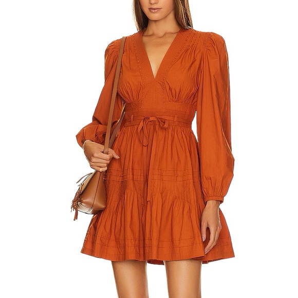Ulla Johnson Rosalind Saffron Burnt Orange Long Puff Sleeves Mini Dress Size 10 - Picture 2 of 14